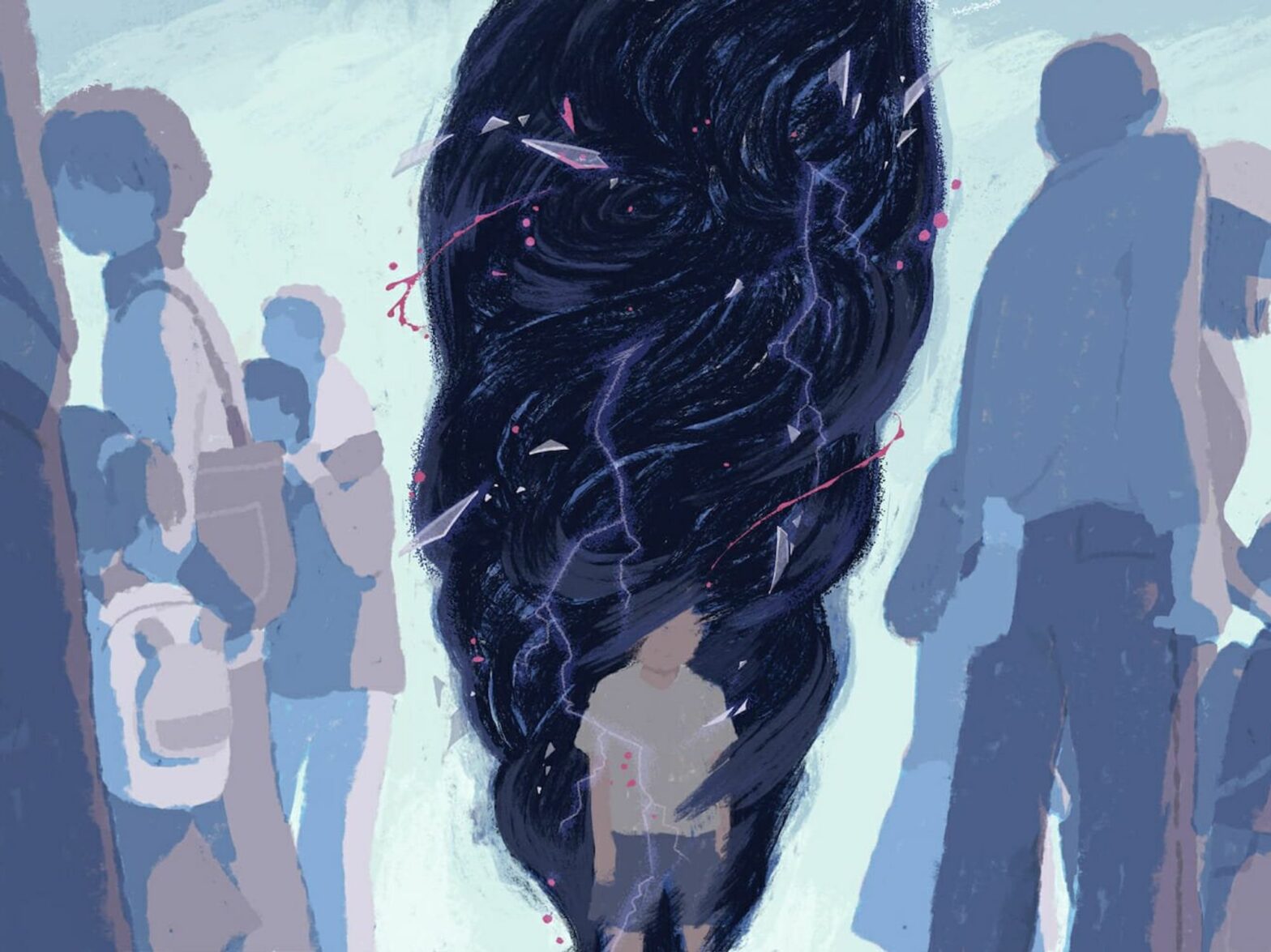 Abstract, painted image of a child-like figure in a dark cloud, with other indistinct figures of adults and children around them.