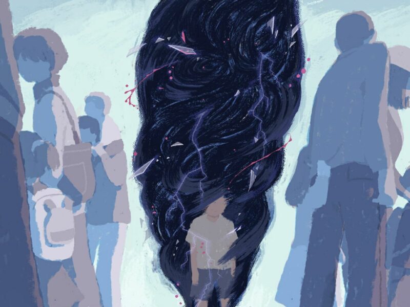Abstract, painted image of a child-like figure in a dark cloud, with other indistinct figures of adults and children around them.