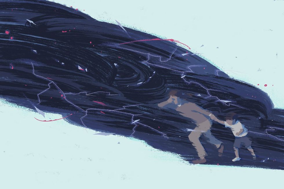 Abstract painted image of an adult and a child walking. The adult is holding the child's hand.