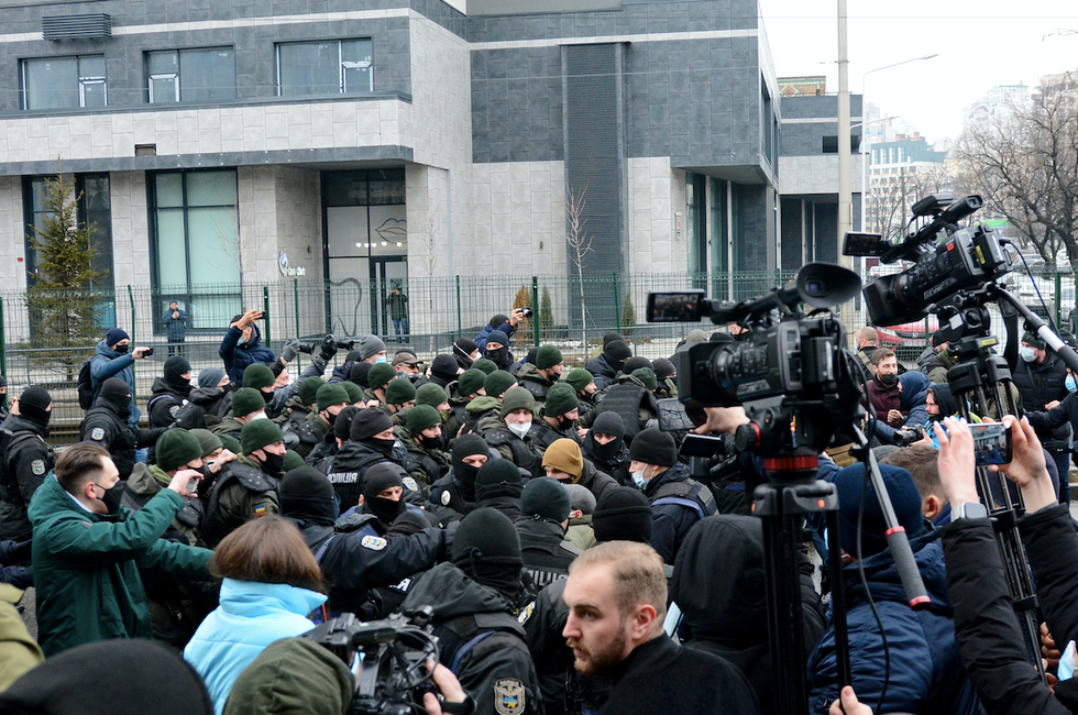 Activists and veterans clash with the police after the National Security Council of Ukraine closed several pro-Kremlin TV channels