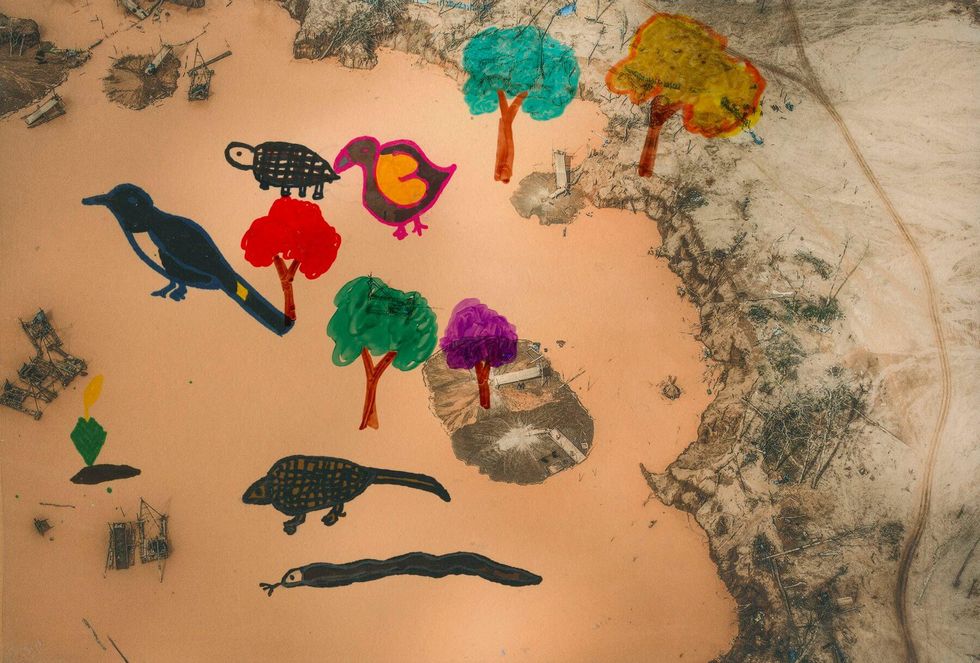 Aerial photo of a body of water polluted by illegal mining activities, with drawings of carachupas, crabs and turtles on top .