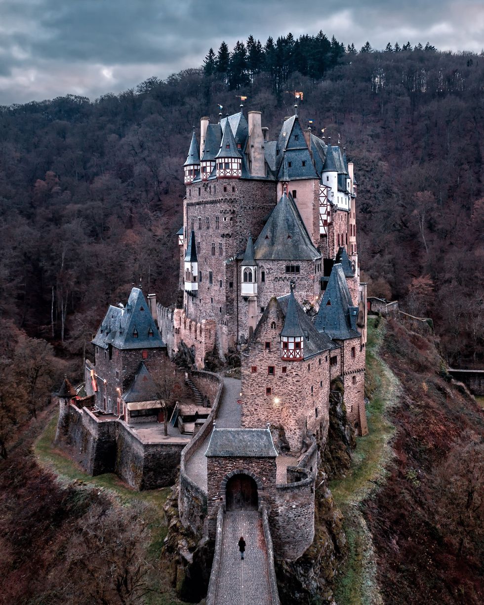 Aerial view of Eltz castle, 2018.