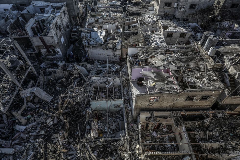 Aerial view of the destruction of the Al-Farouq Mosque and other nearby houses caused by the Israeli bombardment, in the Shaboura camp