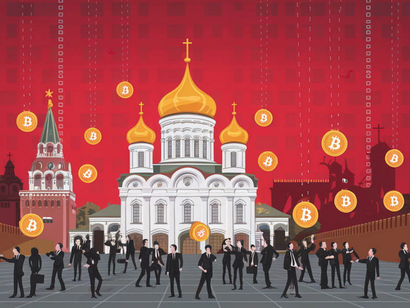 AI-generated illustration depicting businessmen on Moscow's Red Square under a rain of Bitcoin coins.