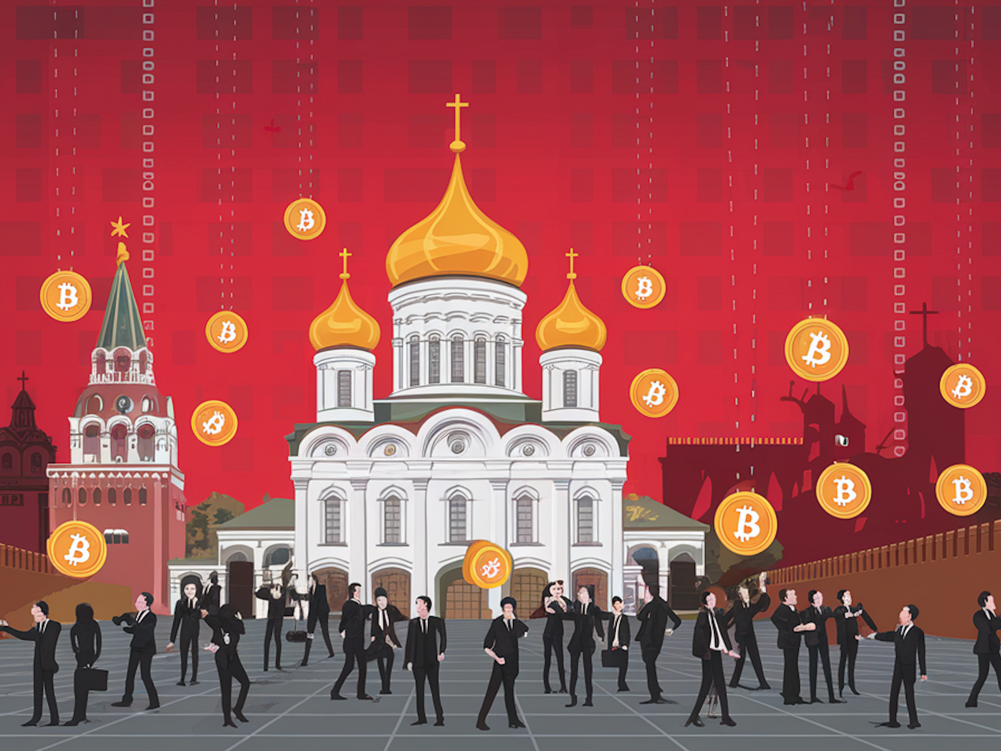 AI-generated illustration depicting businessmen on Moscow's Red Square under a rain of Bitcoin coins.