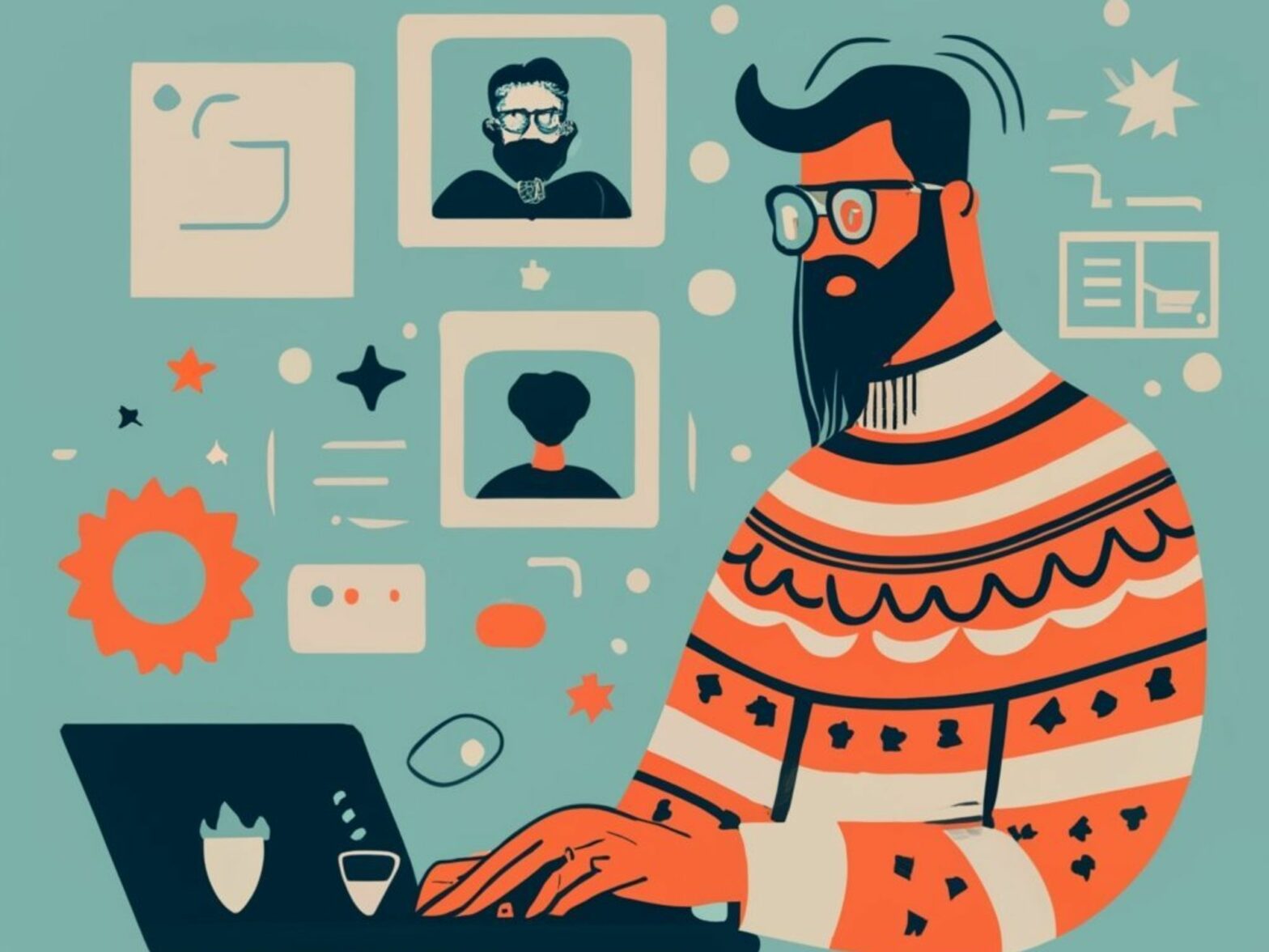 AI-generated illustration of a bearded, bespectacled typical French man working on his computer