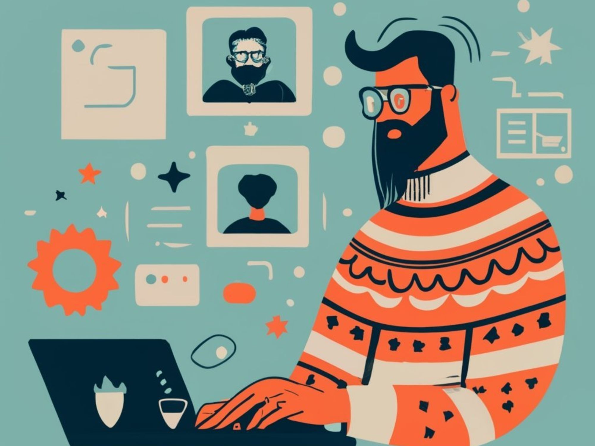 AI-generated illustration of a bearded, bespectacled typical French man working on his computer