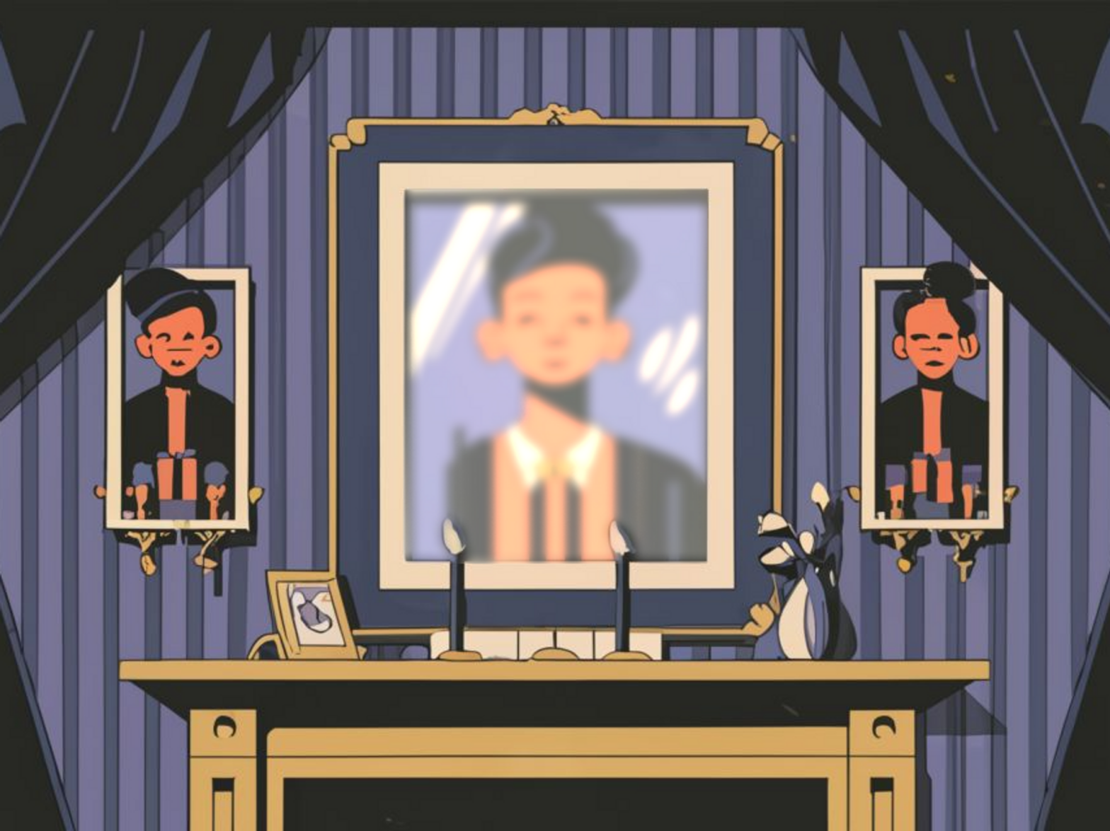 AI-generated illustration of a fading portrait above a mantelpiece