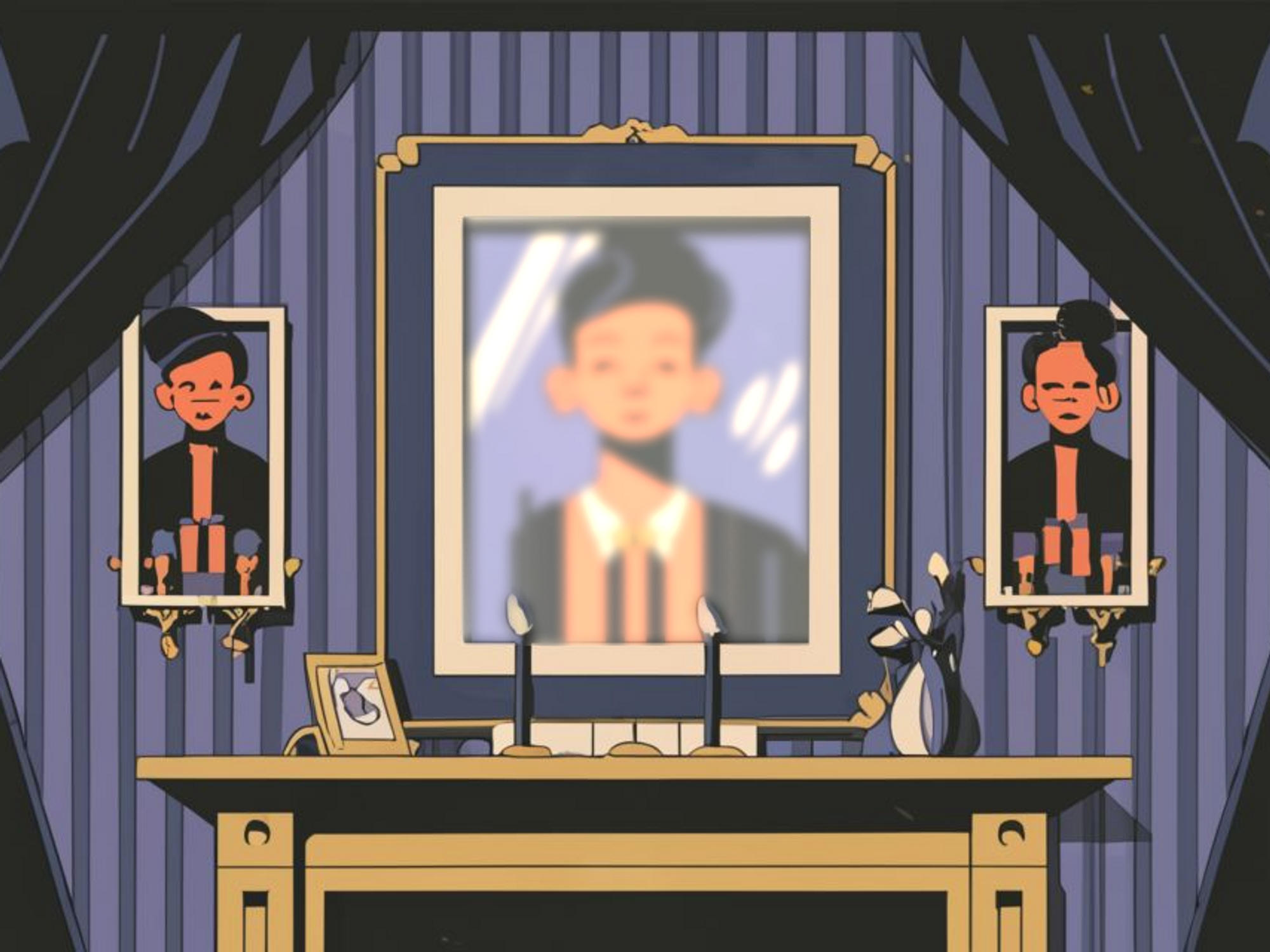 AI-generated illustration of a fading portrait above a mantelpiece