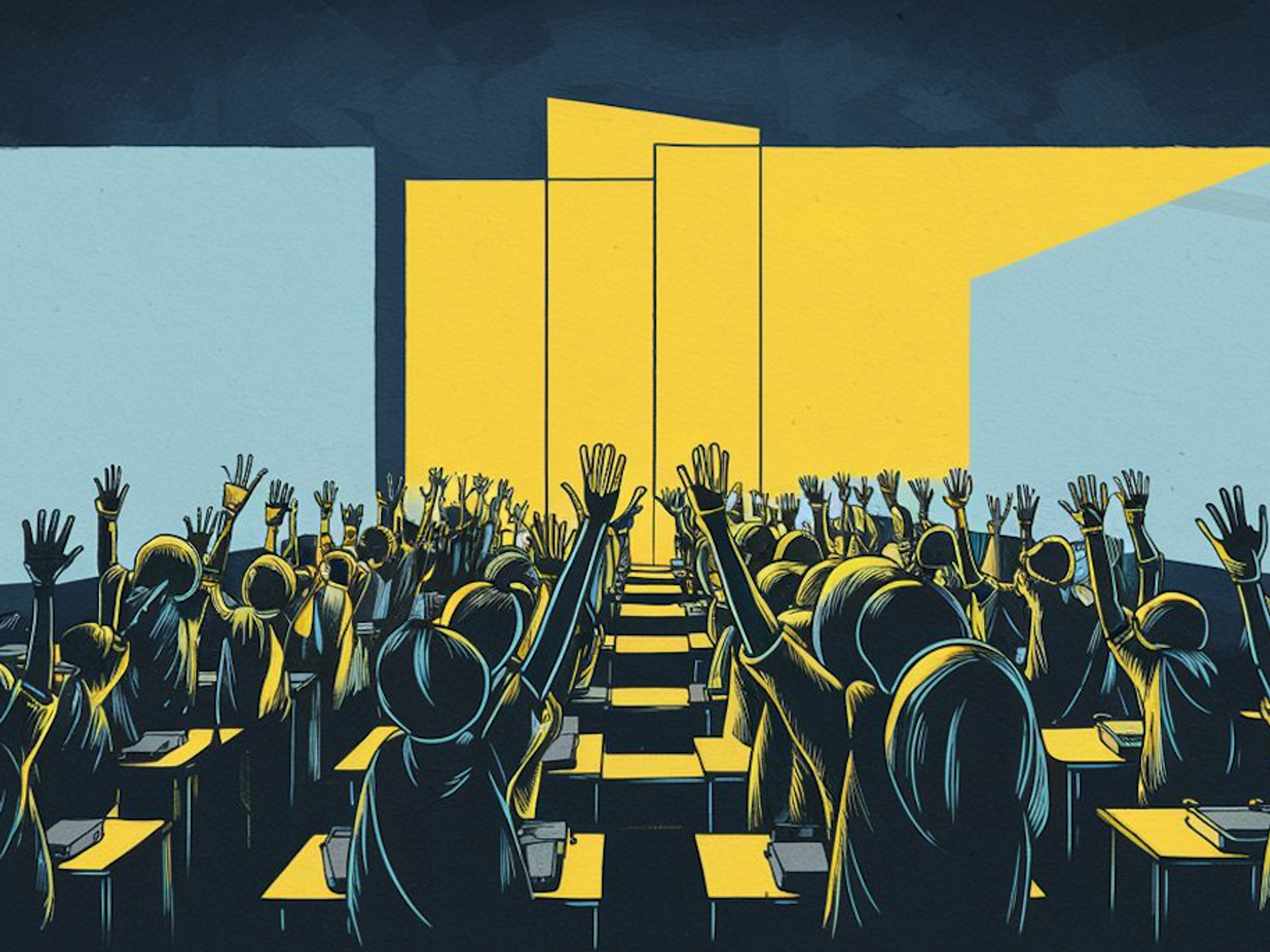 Ai-generated illustration of kids raising their hands in a classroom, blue and yellow colors