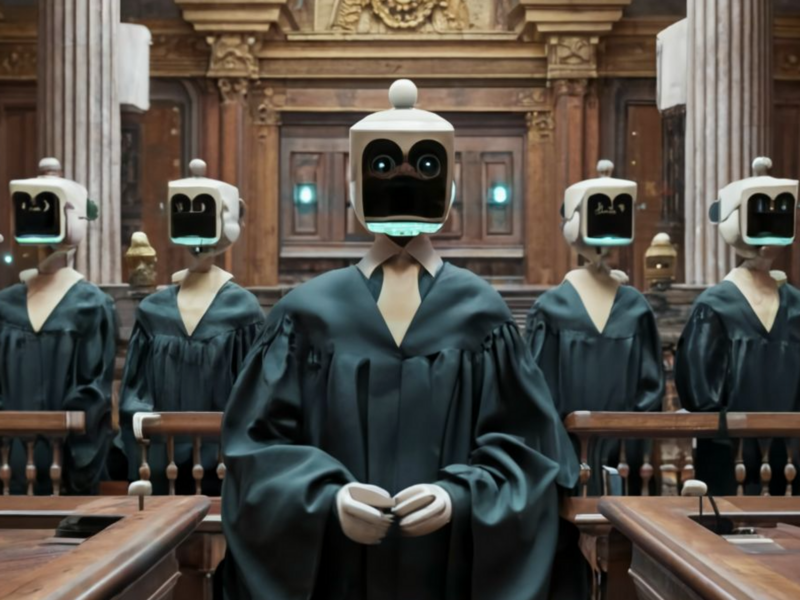 AI-generated image of 5 robots dressed in lawyer robers, standing in court
