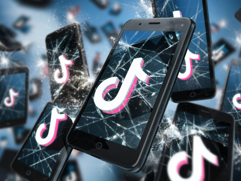 AI-generated image of mobile phones with broken screens, each displaying the logo of Tiktok