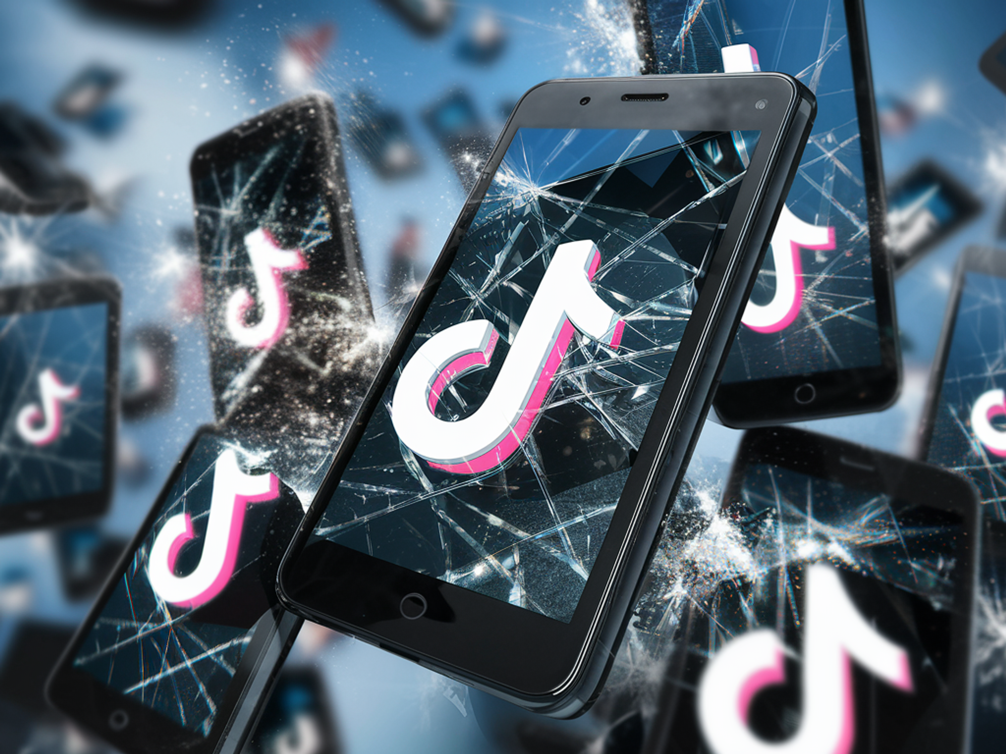 AI-generated image of mobile phones with broken screens, each displaying the logo of Tiktok