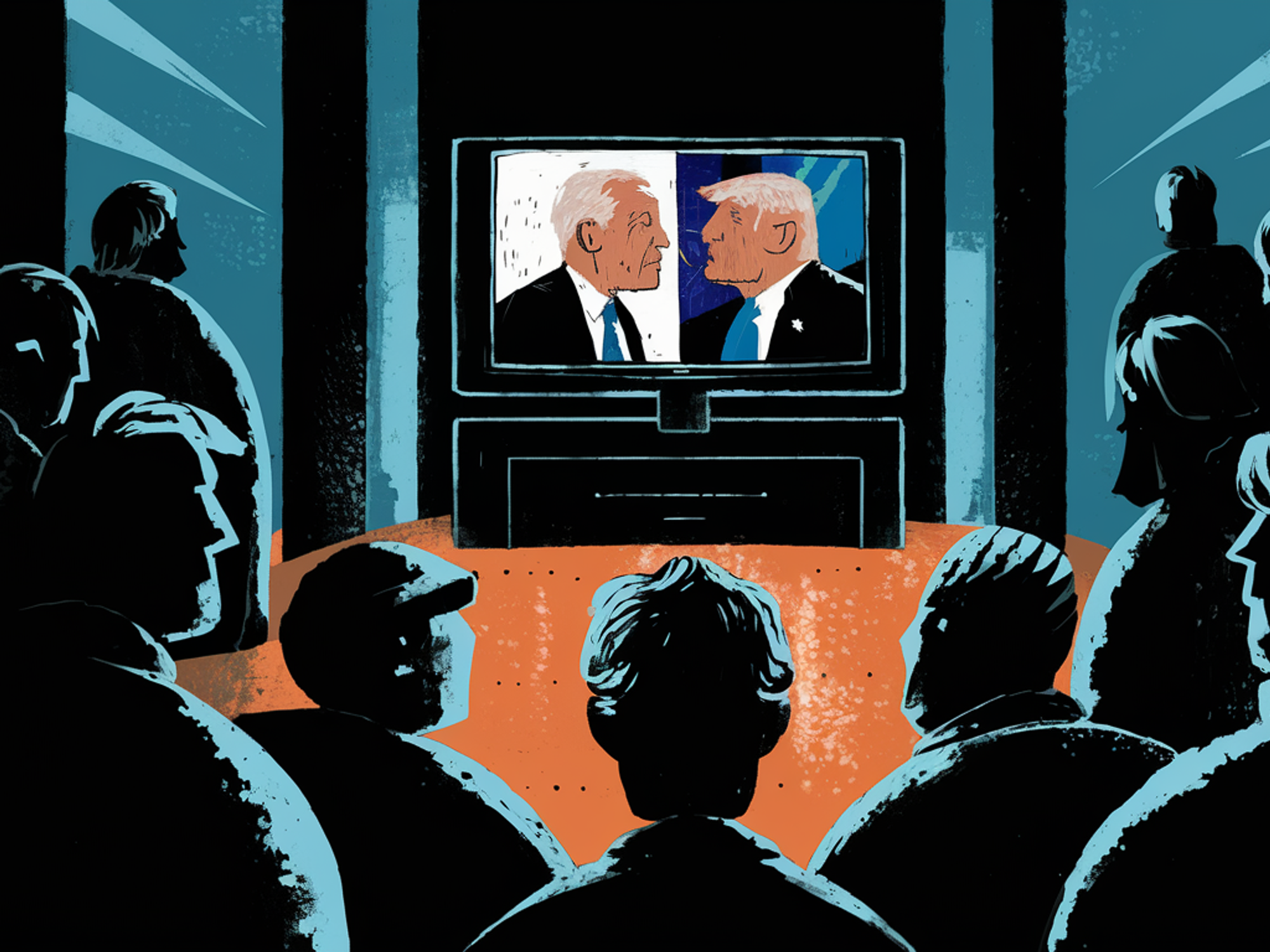 AI-generated image of people gathered around a TV, watching a debate between Joe Biden and Donald Trump