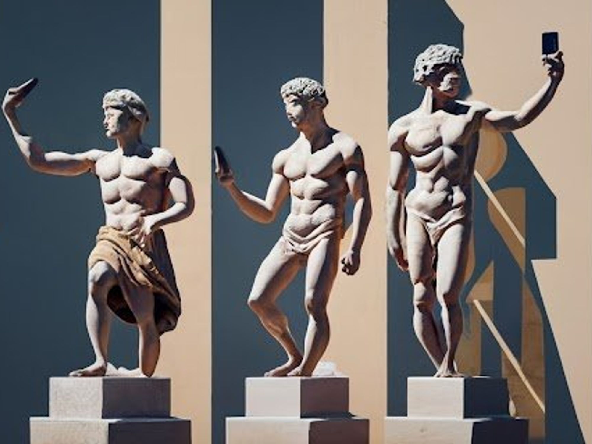 AI generated image of three statue of davids taking selfies.