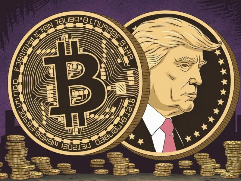 AI-generated photo of bitcoin coins and a coin with Donald Trump's profile on it