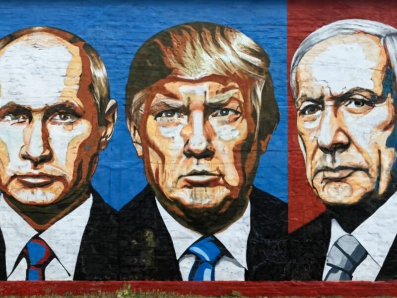 AI generated photo of Trump, Putin, and Netanyahu mumarlized on a wall.