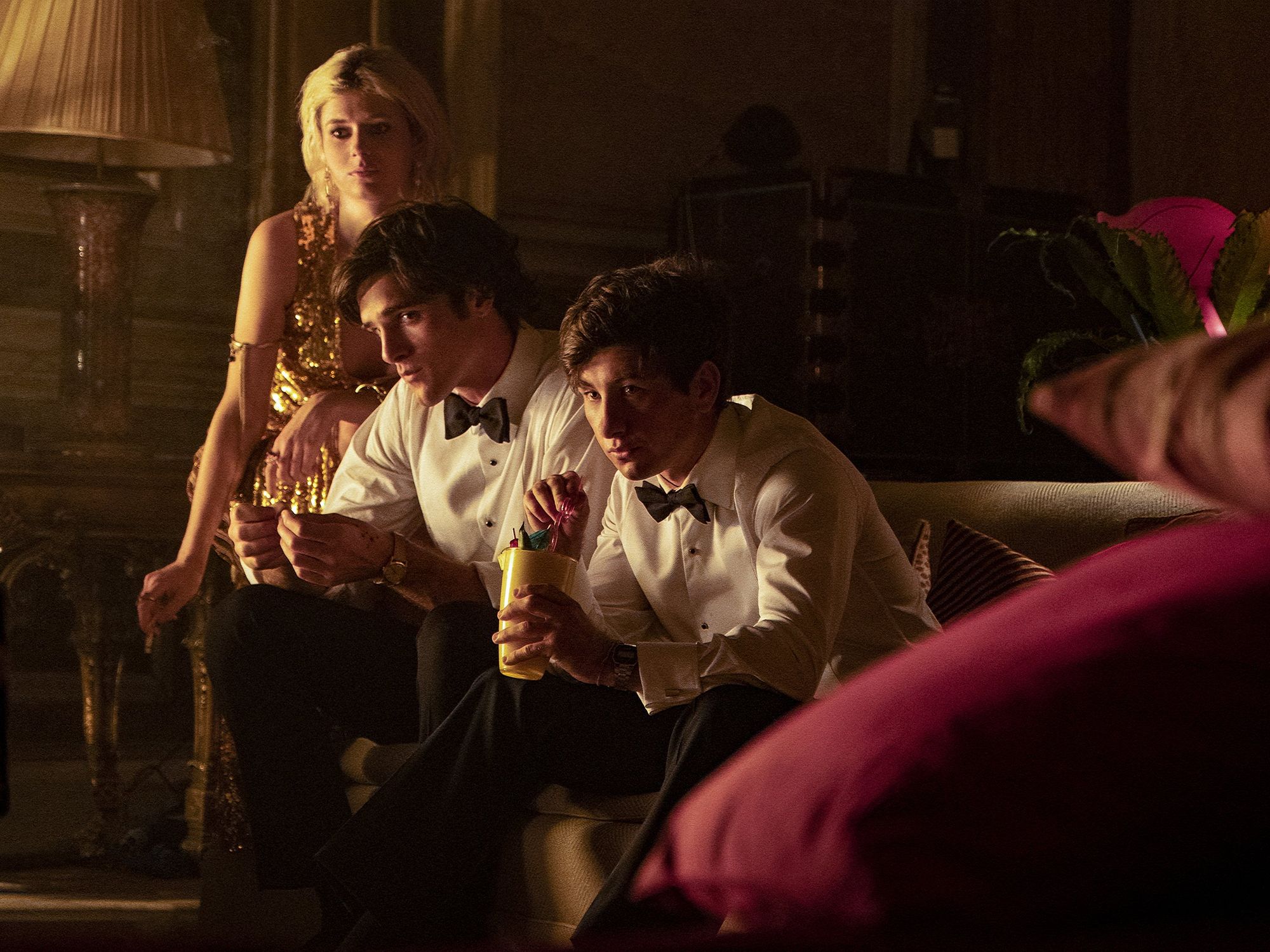 Alison Oliver, Barry Keoghan, and Jacob Elodi in Saltburn.