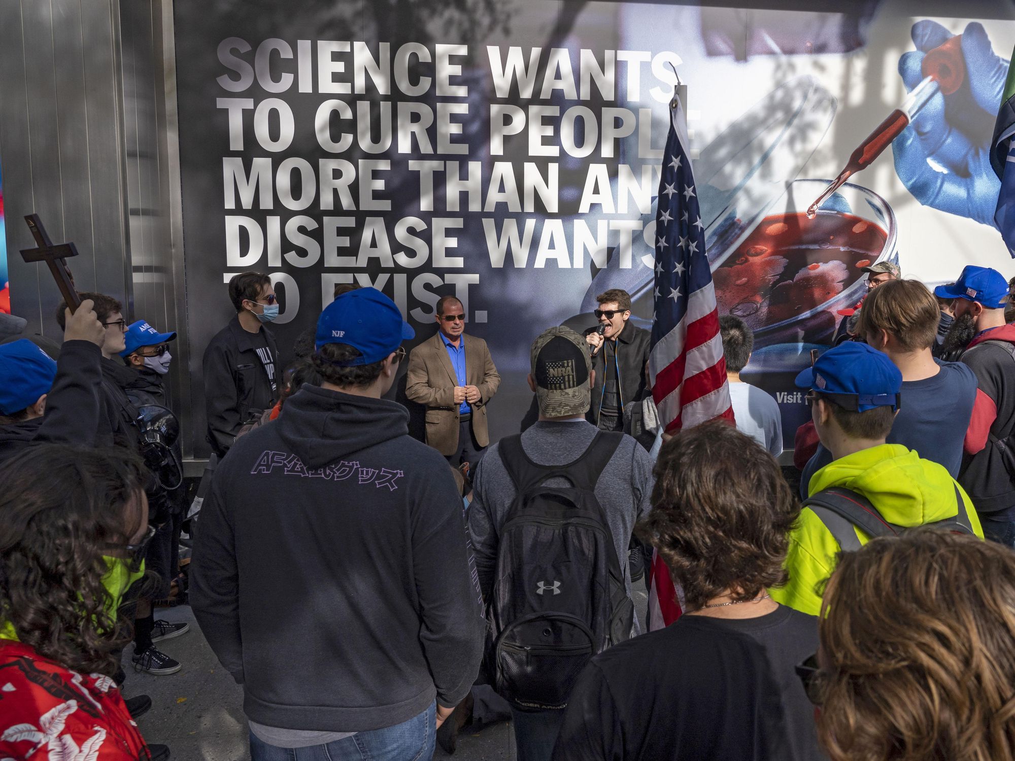 American anti-vaxxers protesting in front of Pfizer headquarters in New York