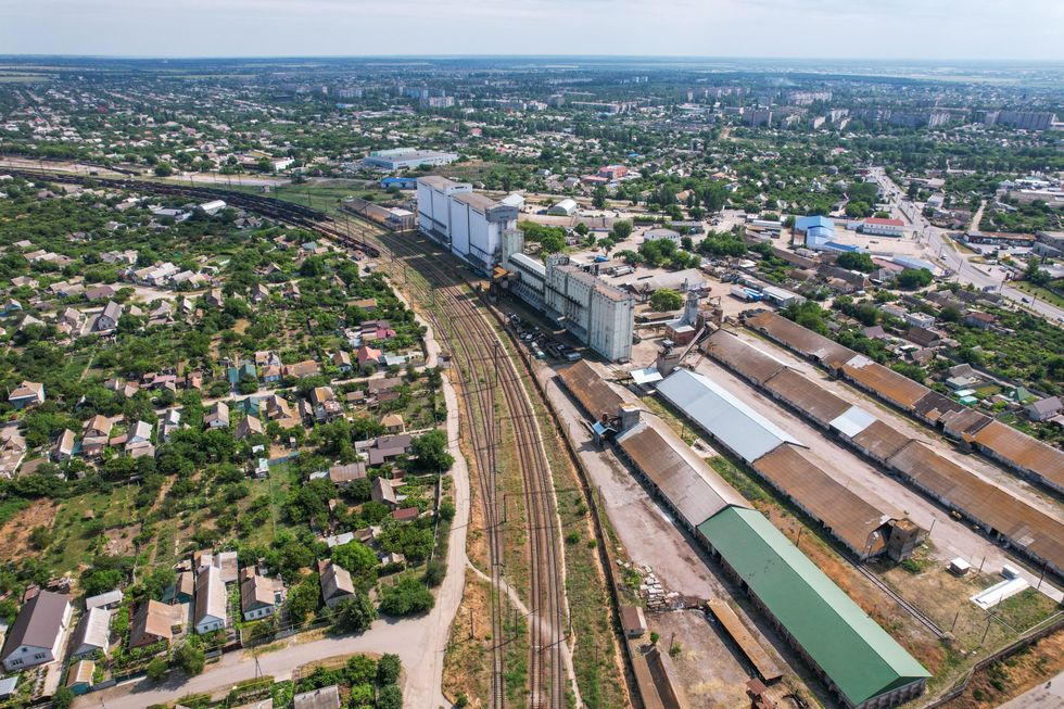 An aerial view of the Melitopol Elevator grain storage and railway tracks used to send grain to the Crimea in Ukraine