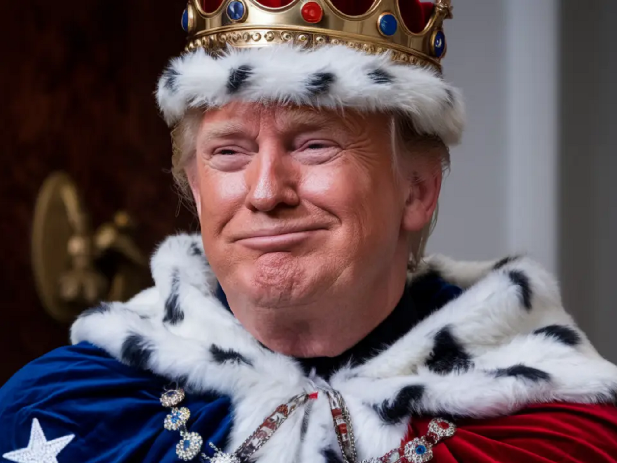 An AI-generated Donald Trump wears a crown and cloak, dressed like a king