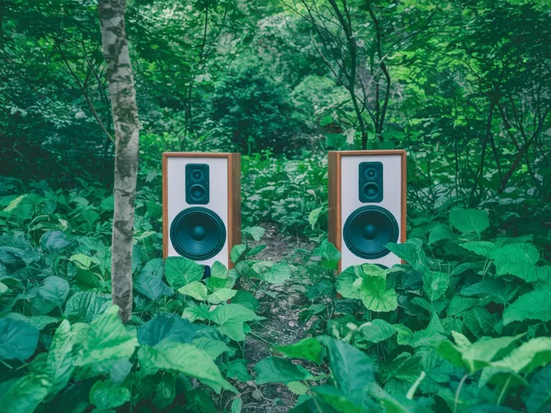 An AI generated image of speakers in the forest.