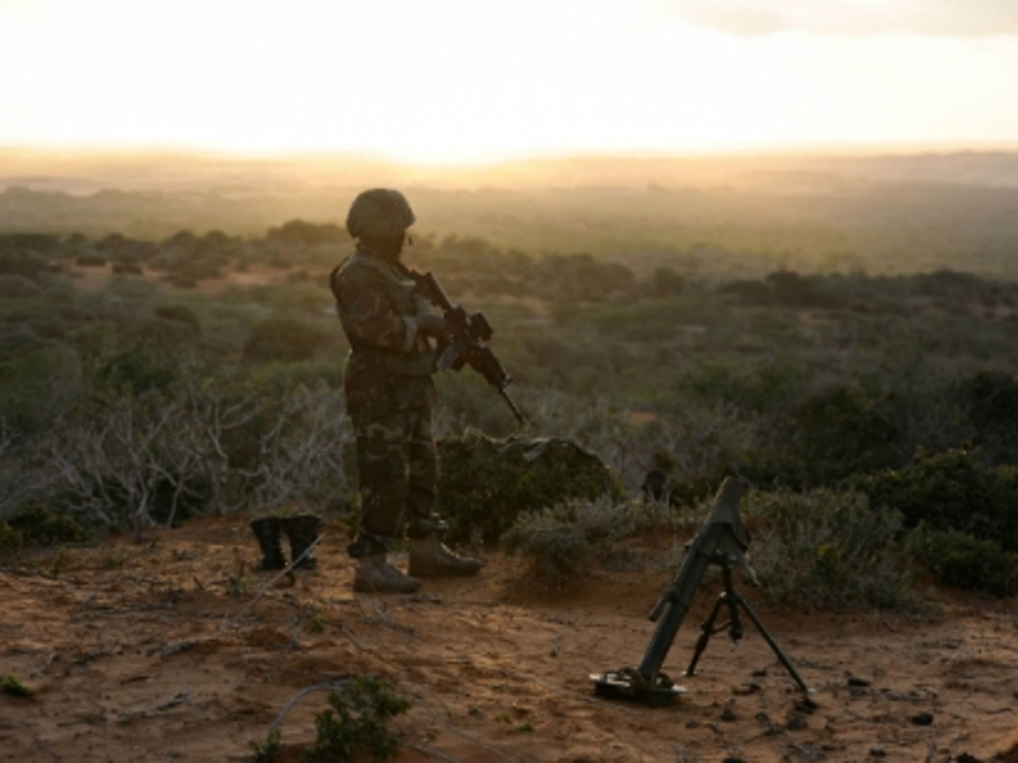 An AMISOM soldier stands watch in southern Somalia