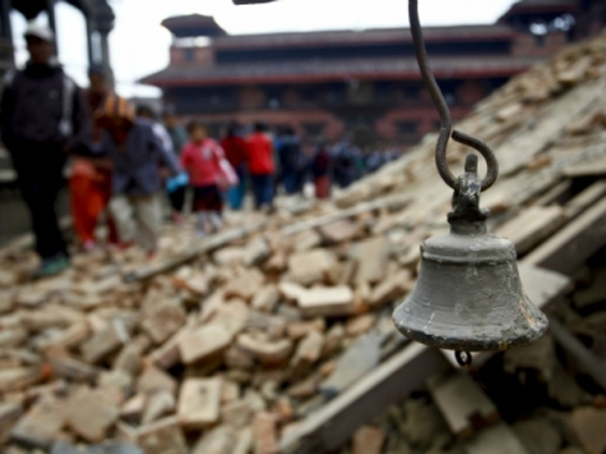 An ancient bell in Durbar Square, Patan, after the deadly earthquake that struck Nepal on April 25, 2015.