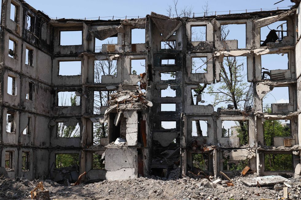 An apartment block destroyed in shelling in Donetsk over the weekend