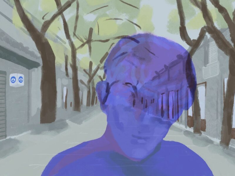 An Artistic picture of a semi-transparent blue man walking through a town with trees