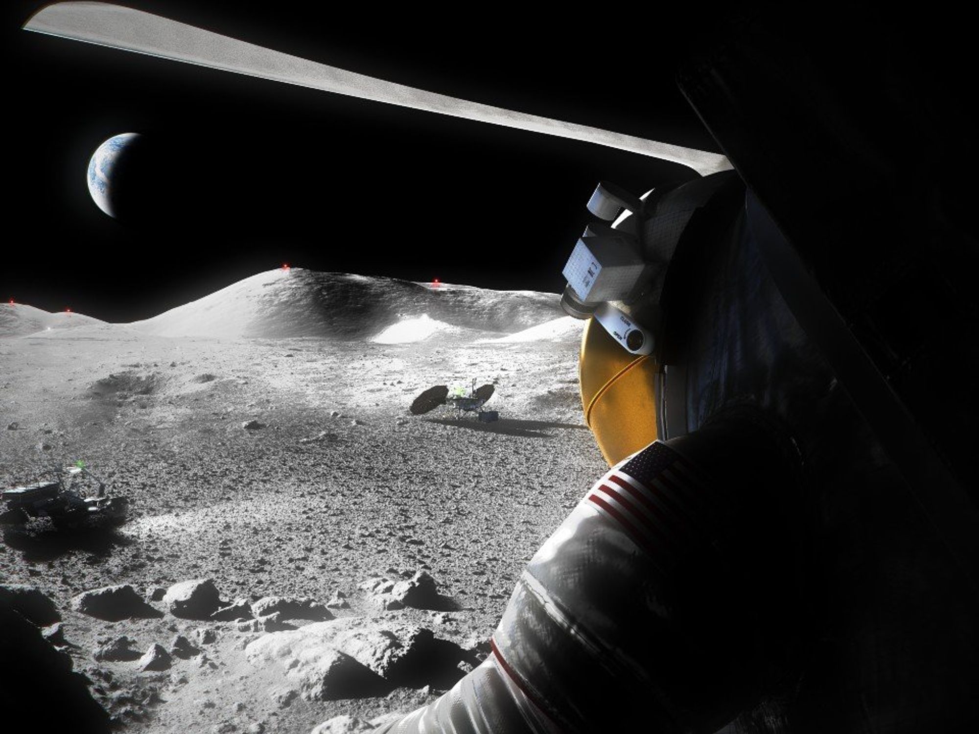 An artist's concept of a Artemis astronaut looking out across the lunar surface.