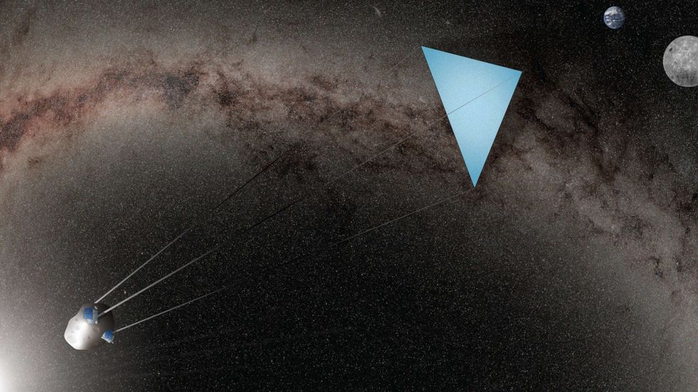 An illustration of a sun “umbrella” tethered to an asteroid.