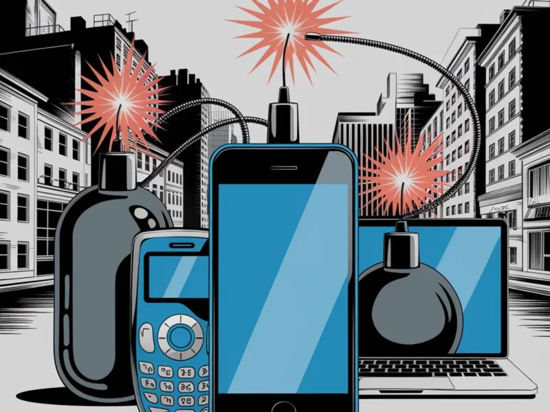An illustration of electronic devices with bomb fuses coming out of the top.
