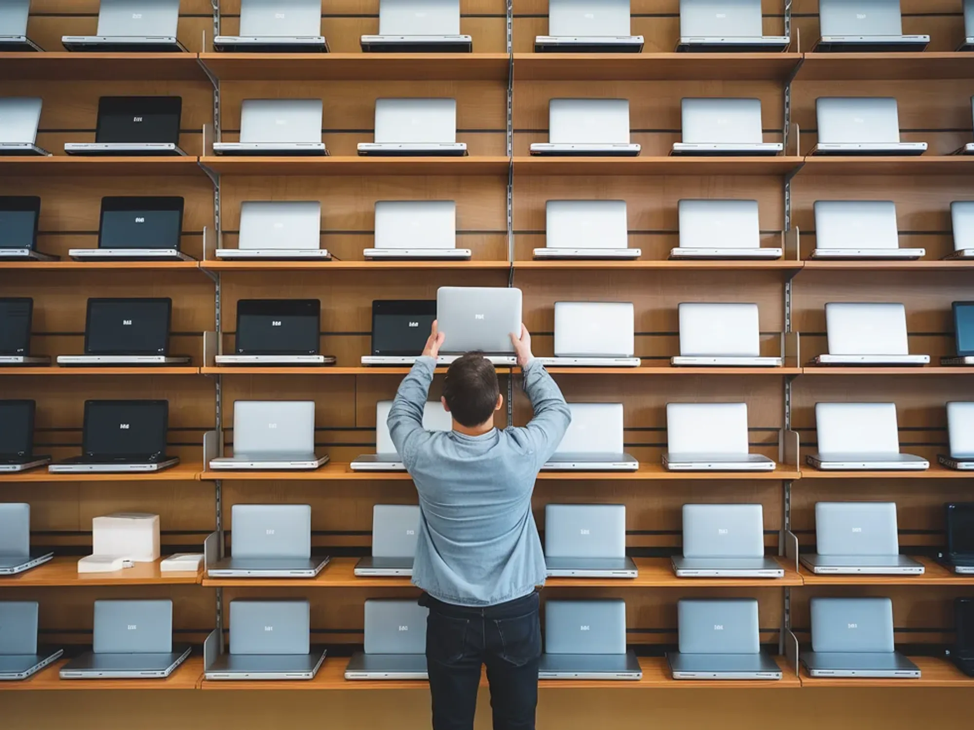 An image of a man picking out a laptop.