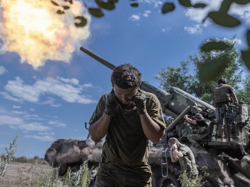 An image posted by Vladimir Zelensky of Ukrainian soldiers launching artillery at Russian positions.