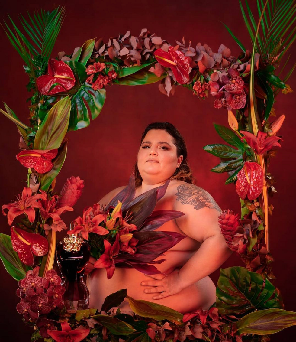 An Instagram photo of Leslie Barbara Butch posing for her own version of Jean-Paul Gauthier's perfume campaign