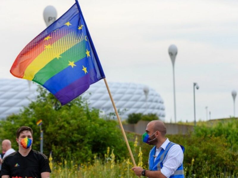 An LGBT rights protester at a recent Hungary football match