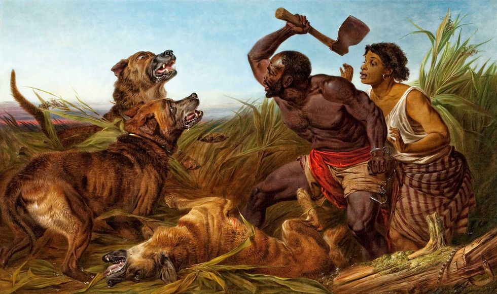 An oil painting depicting a fugitive enslaved man and woman being attacked by three mastiff dogs.