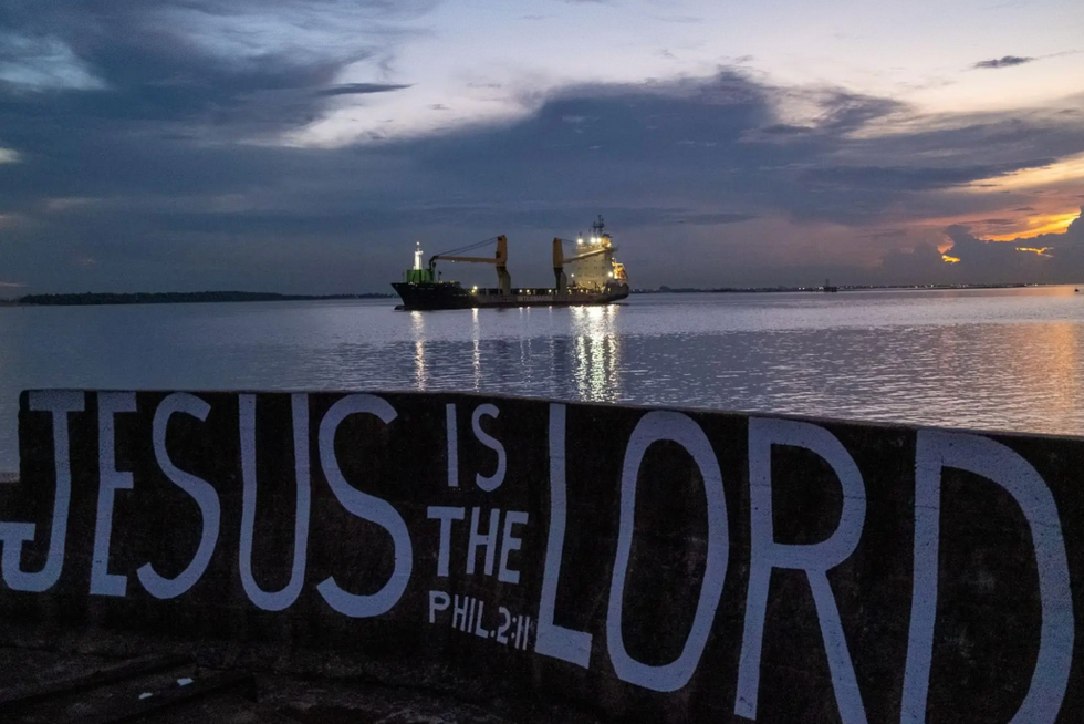 An oil tanker is seen at the mouth of the Demerara River in Georgetown, Guyana.