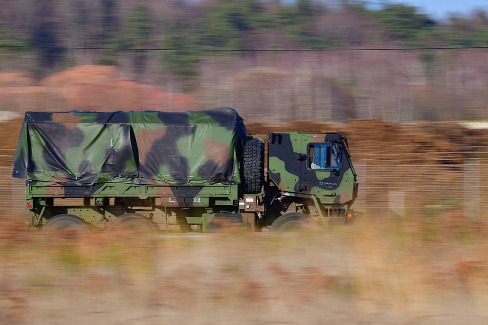An Oshkosh FMTV transport truck in the Ramstein Miesenbach Airbase, Germany.