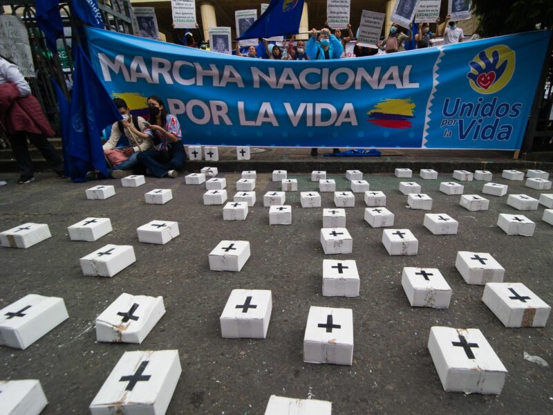 Anti-abortion movements protested outside of the Constitutional Court in Bogota, Colombia with religous symbols on February 21, 2022.​
