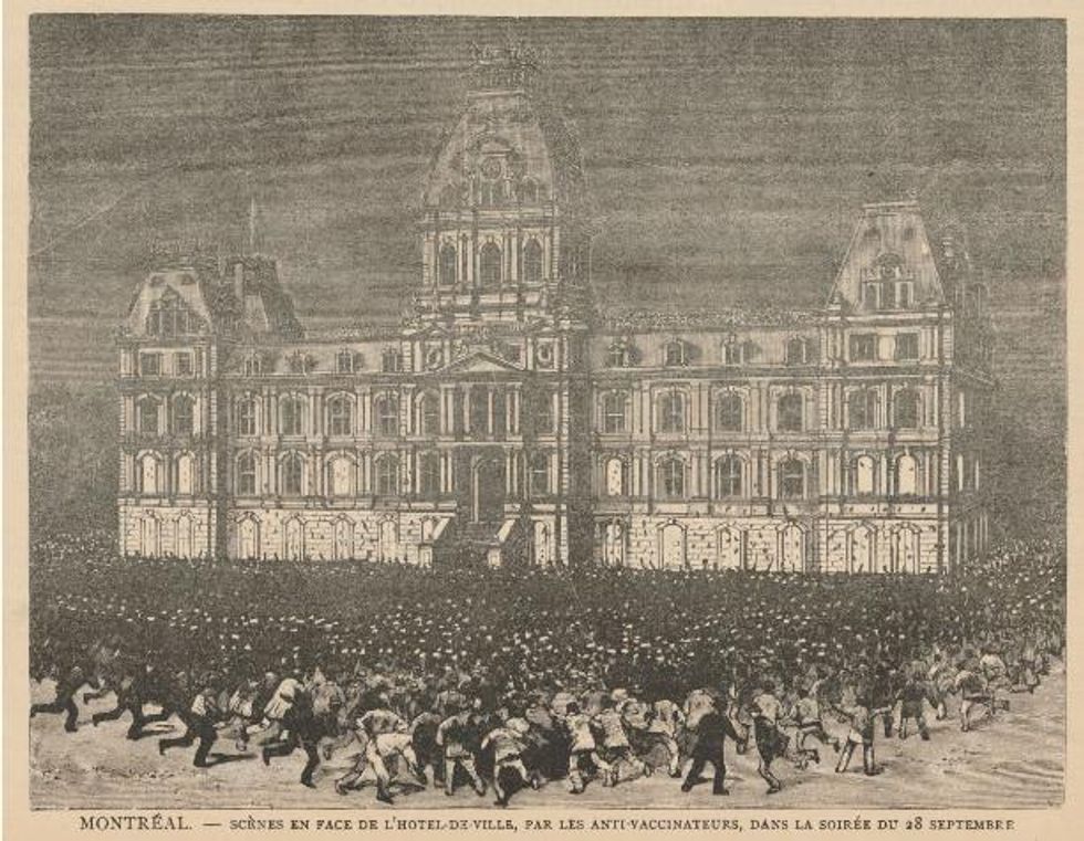 Anti vaccine riots in front of Montreal's City Hall in September 1885