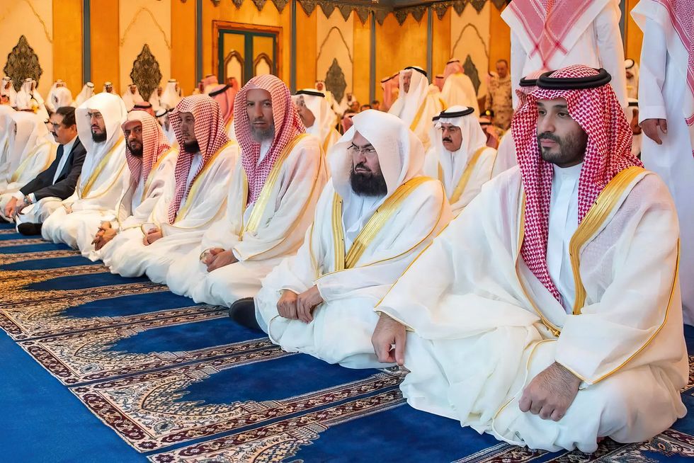 April 14, 2024, Mecca, Saudi Arabia: Saudi Crown Prince Mohammed bin Salman (also known as MBS, 1st from R), seen during the 'Eid el Fitr' prayer, marking the end of the month of Ramadan