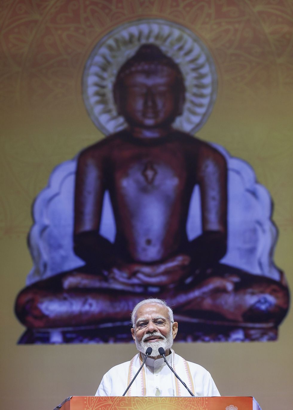 April 21, 2024, New Delhi, India: Indian Prime Minister Narendra Modi delivers remarks on the 2550th birth anniversary of Bhagwan Mahavir, the founder of Jainism at Bharat Mandapam, April 21, 2024, in New Delhi, India. Jainism is one of the oldest religions still practiced today dating back to at least 600 BCE. (Credit Image: © Pib /Press Information/Planet Pix via ZUMA Press Wire)
