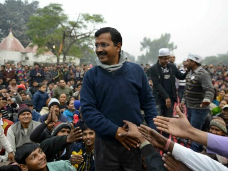 Arvind Kejriwal addresses a public meeting in Delhi.