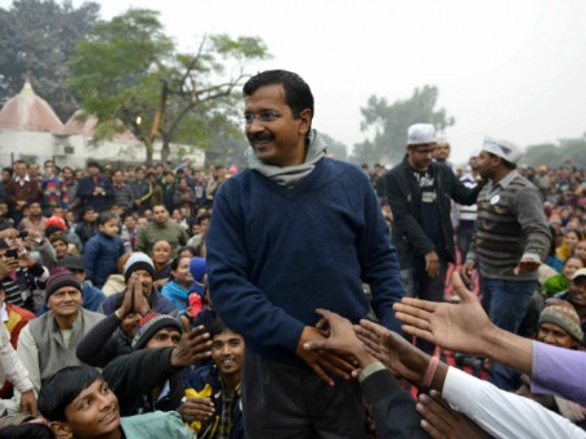 Arvind Kejriwal addresses a public meeting in Delhi.