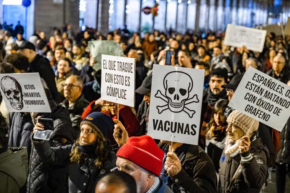 At a demonstration against vaccines and the COVID passport in Barcelona, Spain