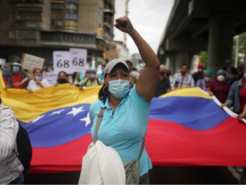 At a demonstration in Caracas by health and education workers for better salaries