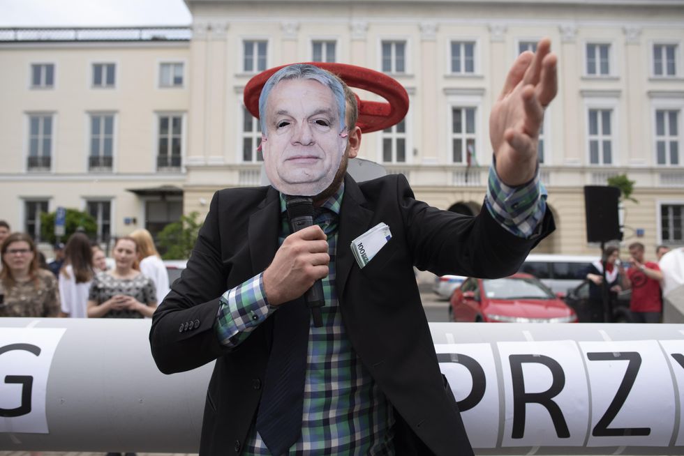 At a protest against Hungary's Russian oil ban exemption in Warsaw, Poland