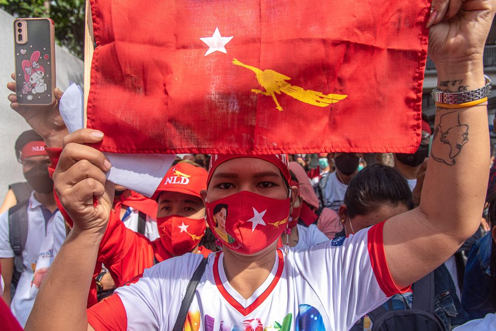 At a protest against Myanmar military's government in Bangkok, Thailand